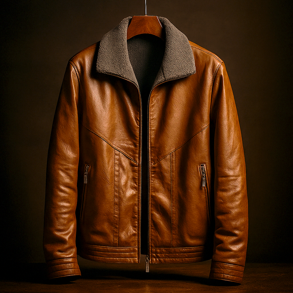 Blouson en Cuir Vintage Homme Baptiste – Veste Cuir Patinée Zippée avec Poches Chauffe-Mains