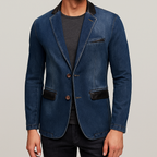 Blazer en Jean Homme Versailles – Veste Denim Ajustée à Col et Rabats en Cuir