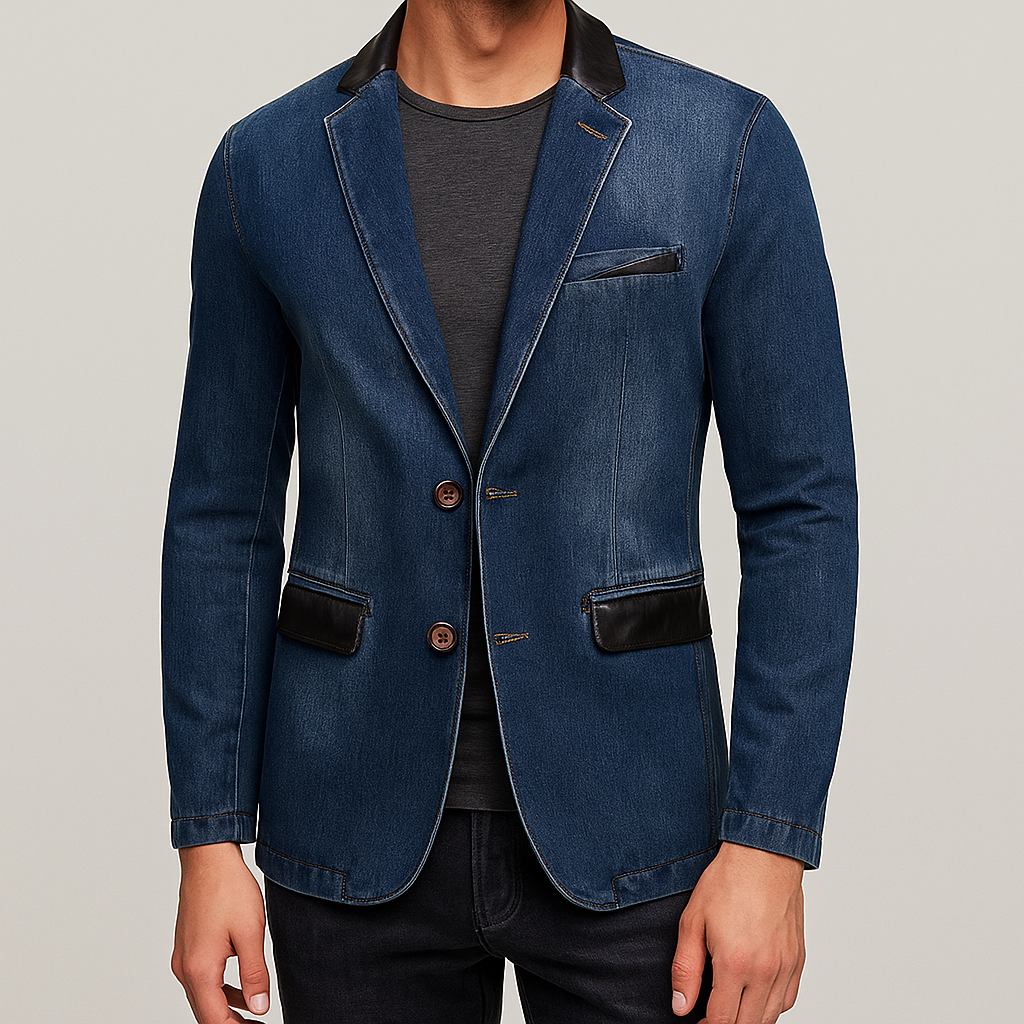 Blazer en Jean Homme Versailles – Veste Denim Ajustée à Col et Rabats en Cuir