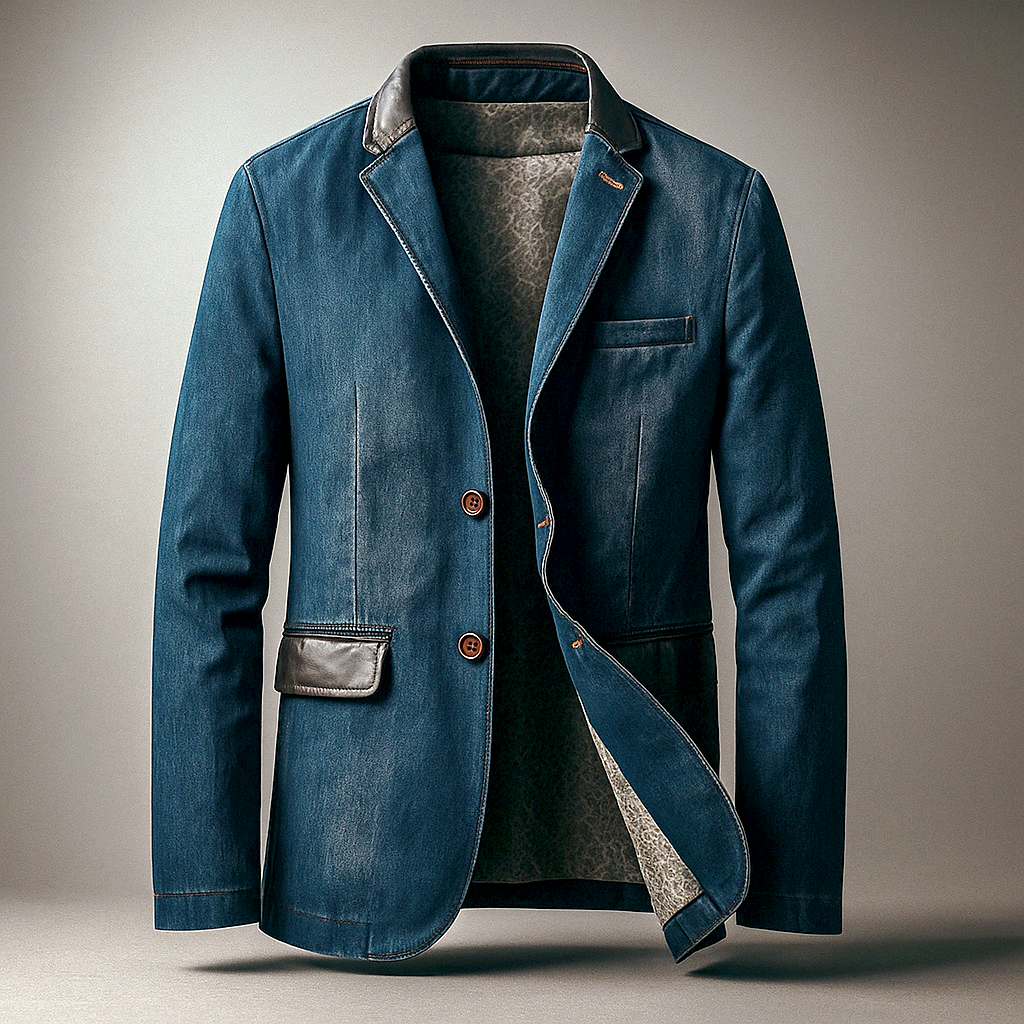 Blazer en Jean Homme Versailles – Veste Denim Ajustée à Col et Rabats en Cuir