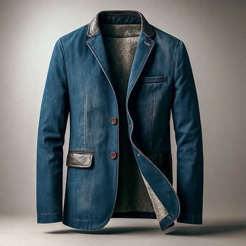 Blazer en Jean Homme Versailles – Veste Denim Ajustée à Col et Rabats en Cuir