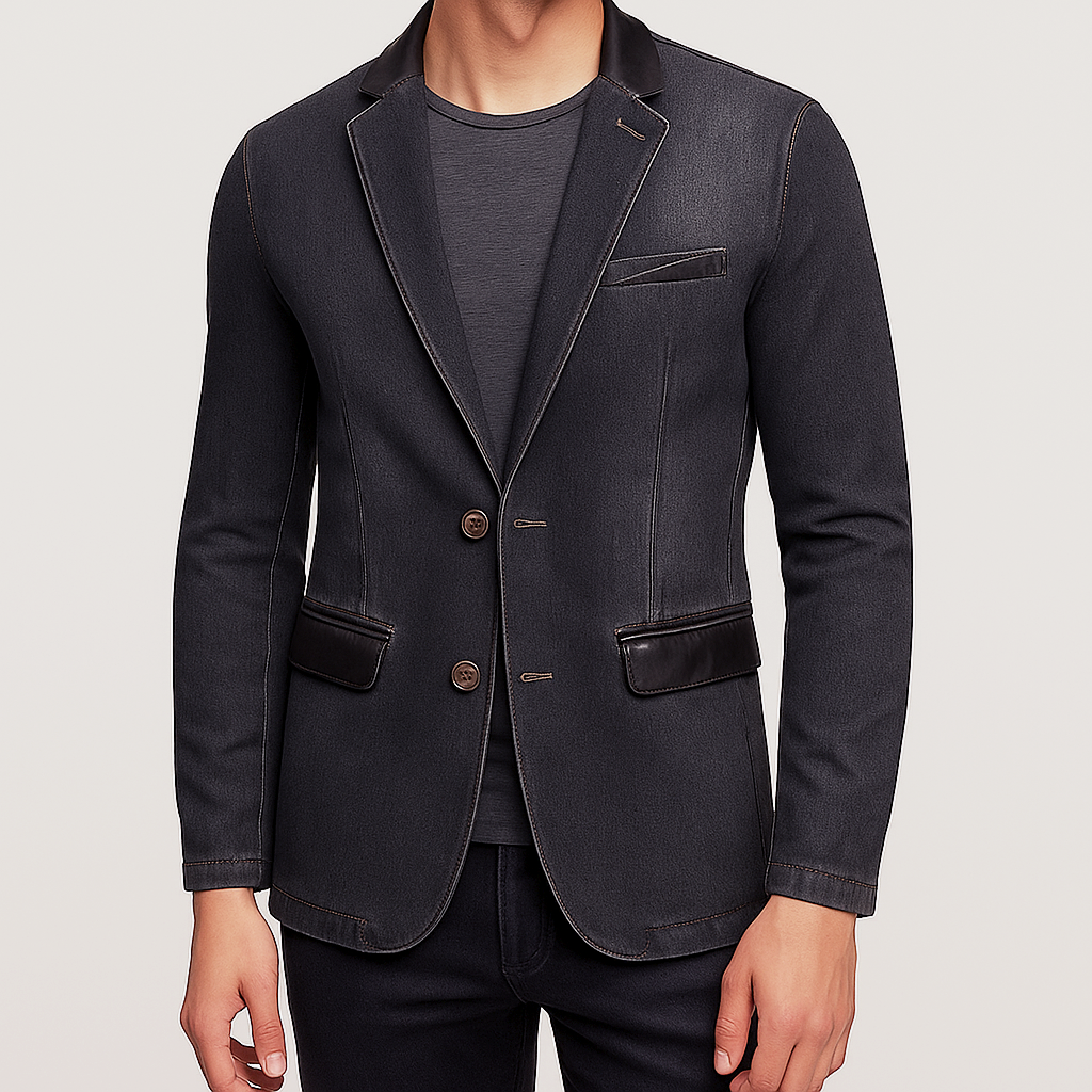 Blazer en Jean Homme Versailles – Veste Denim Ajustée à Col et Rabats en Cuir