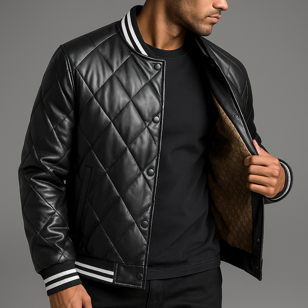 Blouson en Cuir Pleine Fleur Homme Clément – Veste Cuir Matelassée Vintage à Boutons Pression