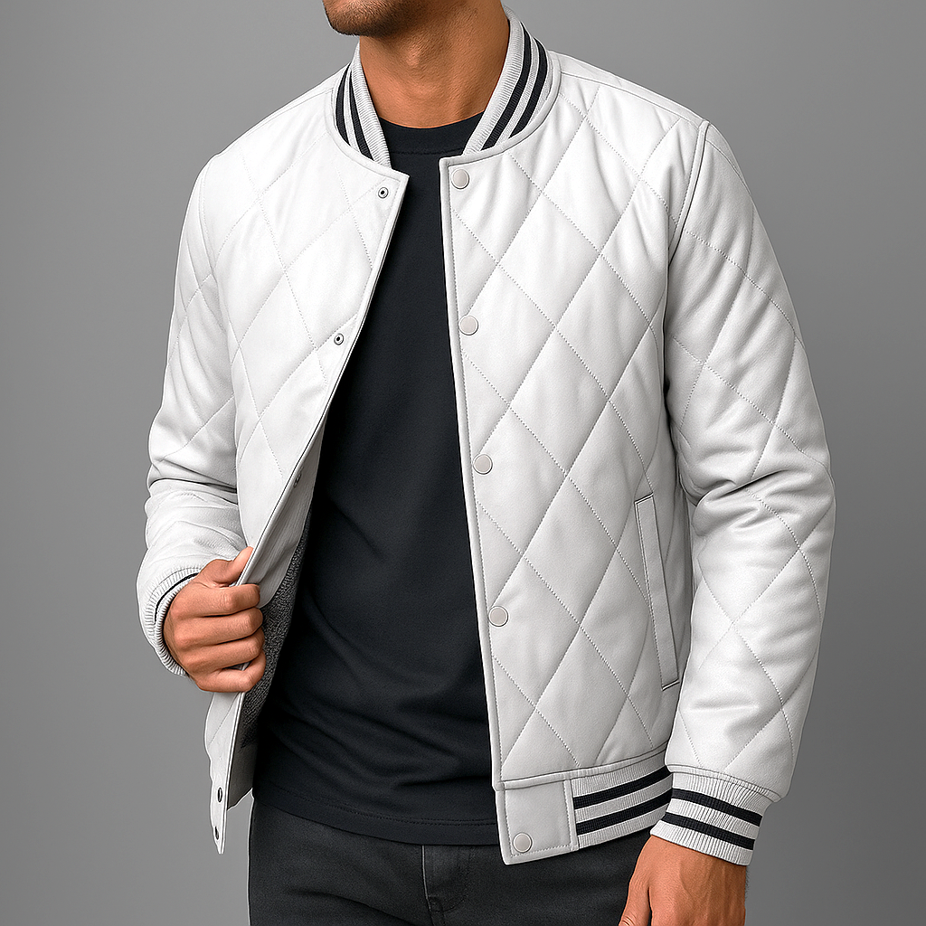 Blouson en Cuir Pleine Fleur Homme Clément – Veste Cuir Matelassée Vintage à Boutons Pression