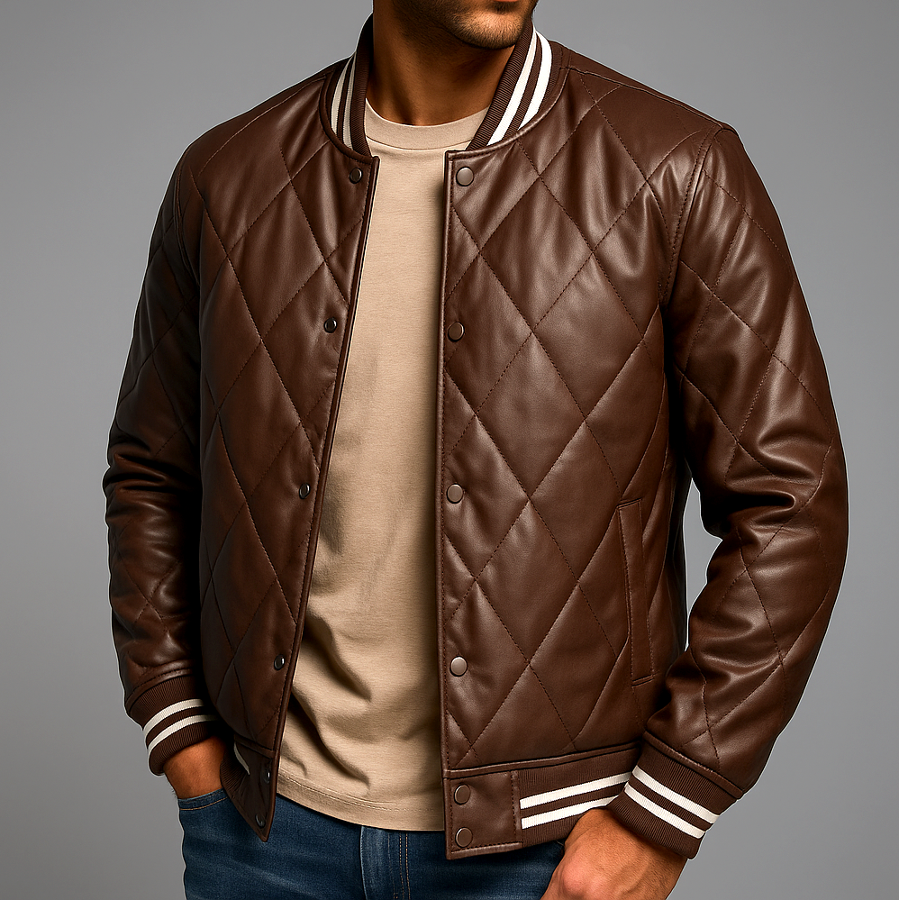 Blouson en Cuir Pleine Fleur Homme Clément – Veste Cuir Matelassée Vintage à Boutons Pression