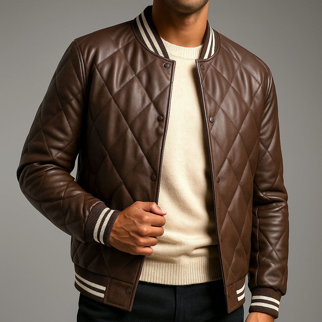 Blouson en Cuir Pleine Fleur Homme Clément – Veste Cuir Matelassée Vintage à Boutons Pression