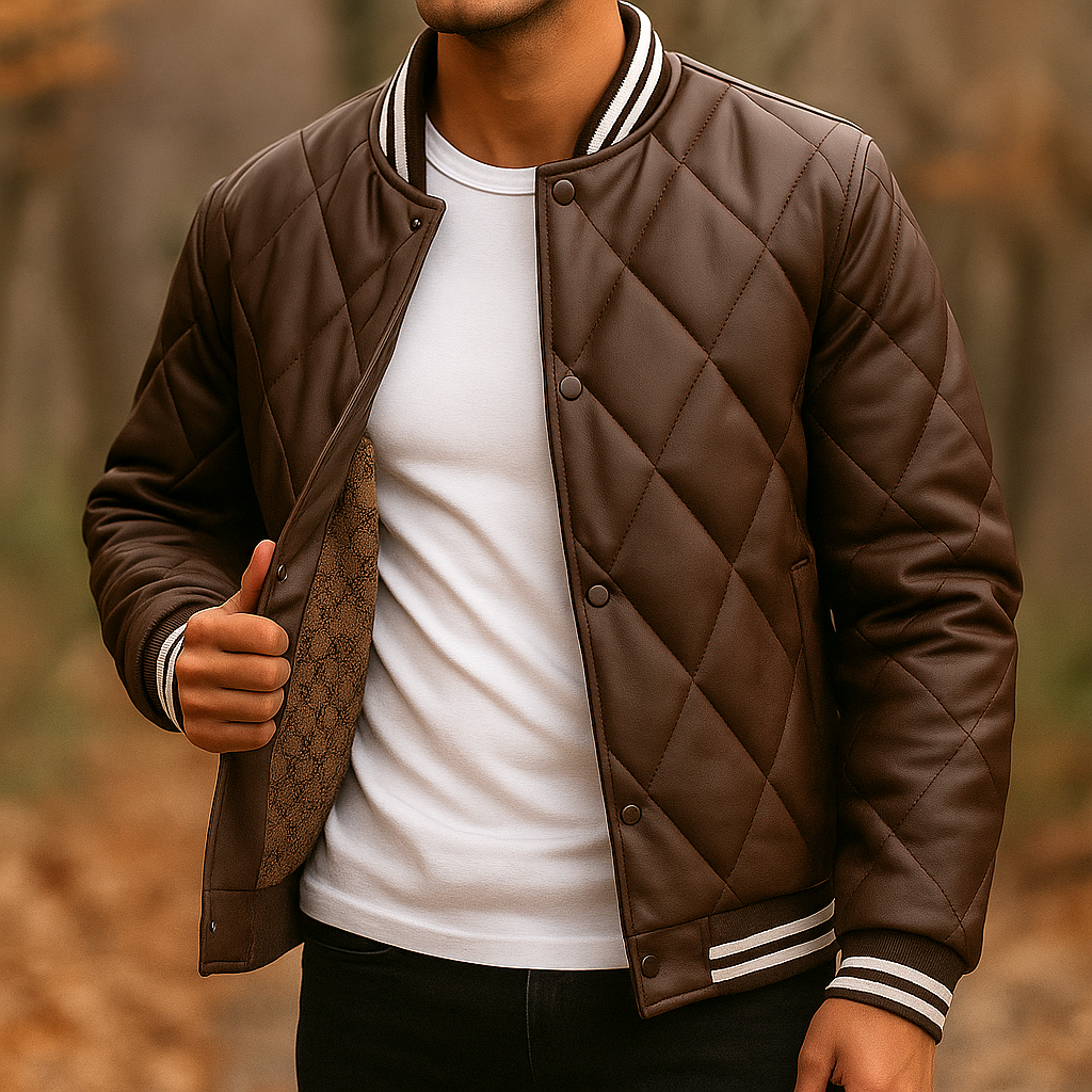 Blouson en Cuir Pleine Fleur Homme Clément – Veste Cuir Matelassée Vintage à Boutons Pression