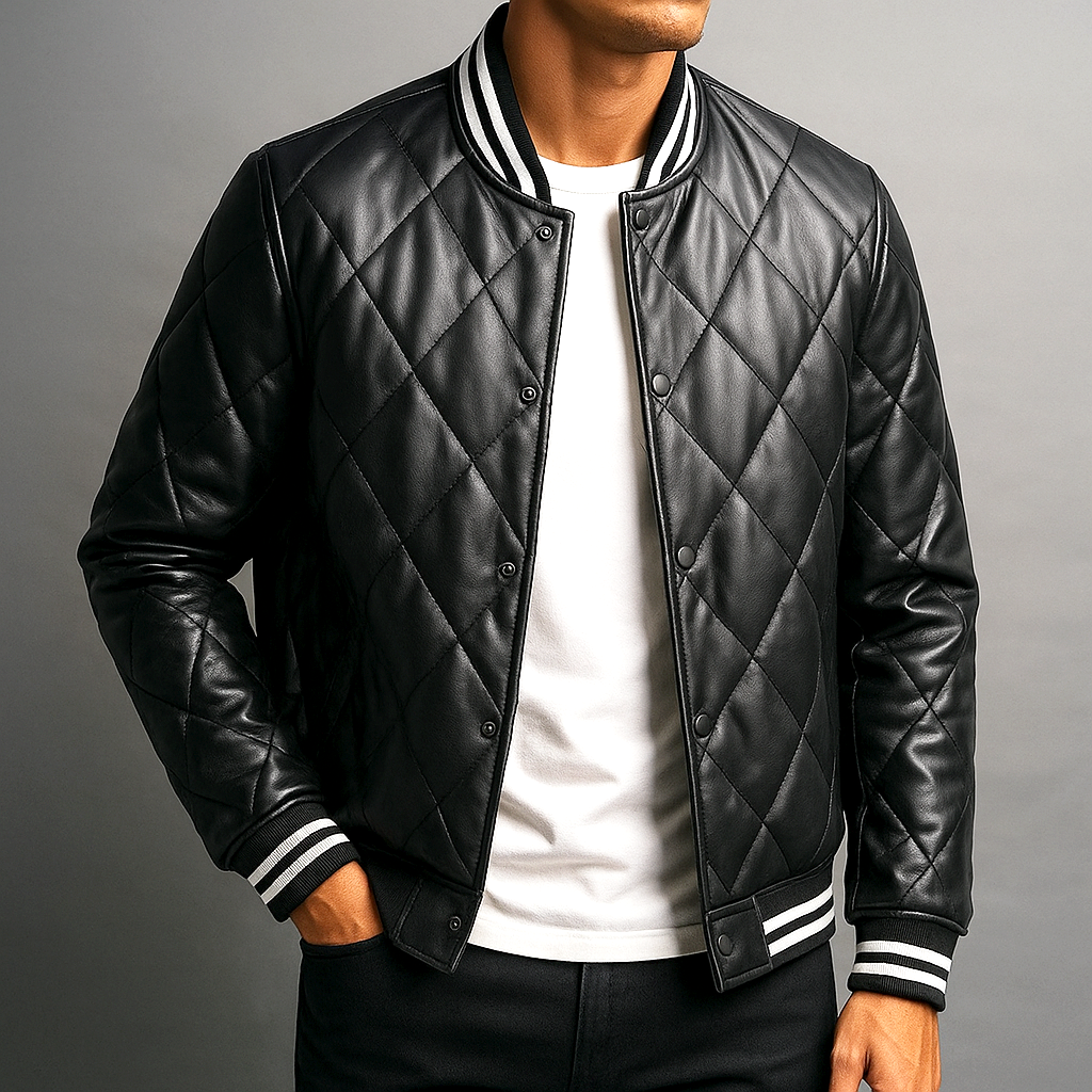 Blouson en Cuir Pleine Fleur Homme Clément – Veste Cuir Matelassée Vintage à Boutons Pression