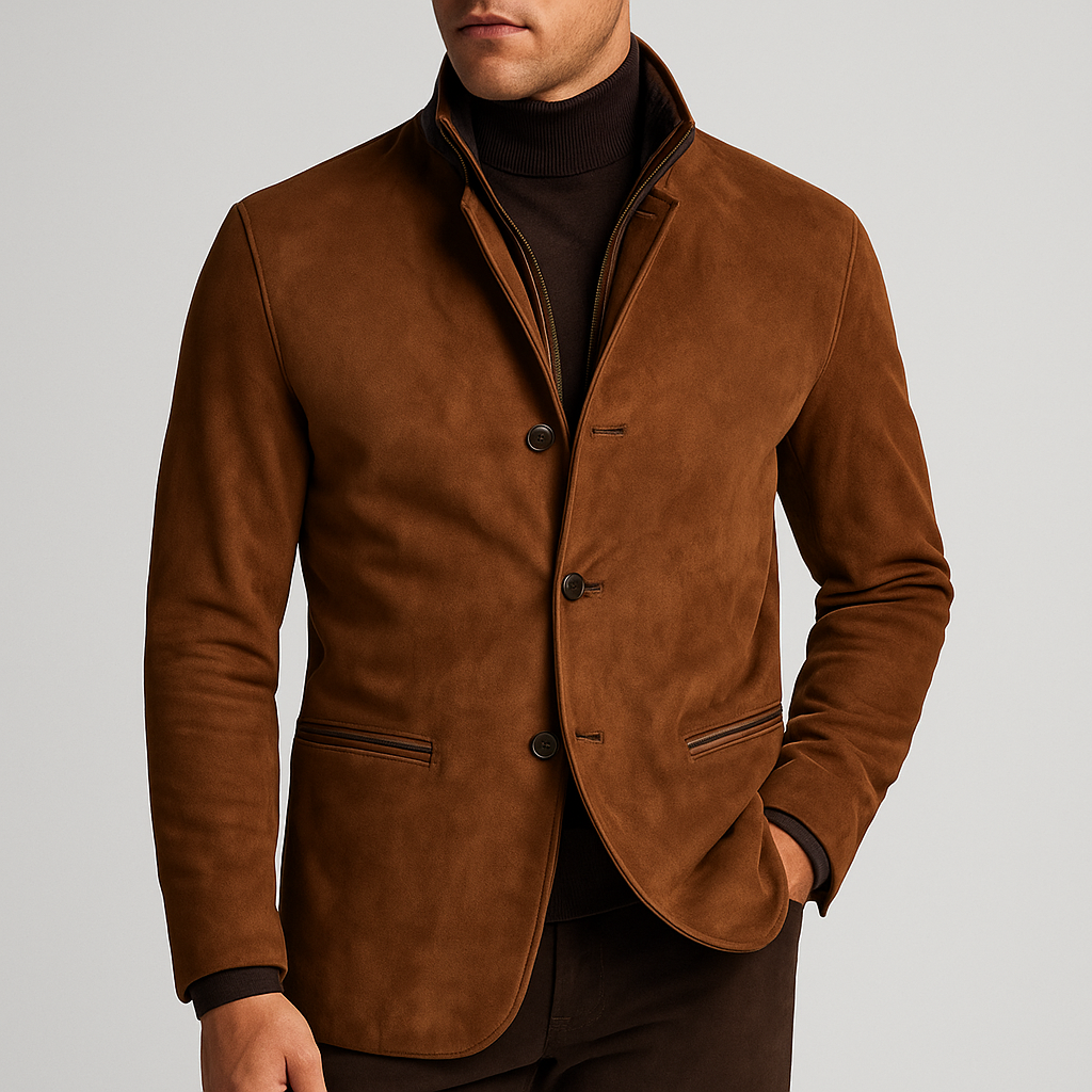 Blazer en Daim Homme Sancerre – Veste de Costume Suède à Trois Boutons et Finitions Cuir