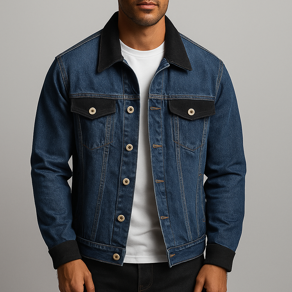 Veste en Jean Trucker Homme Cognac – Veste Denim Délavée à Col en Velours Côtelé