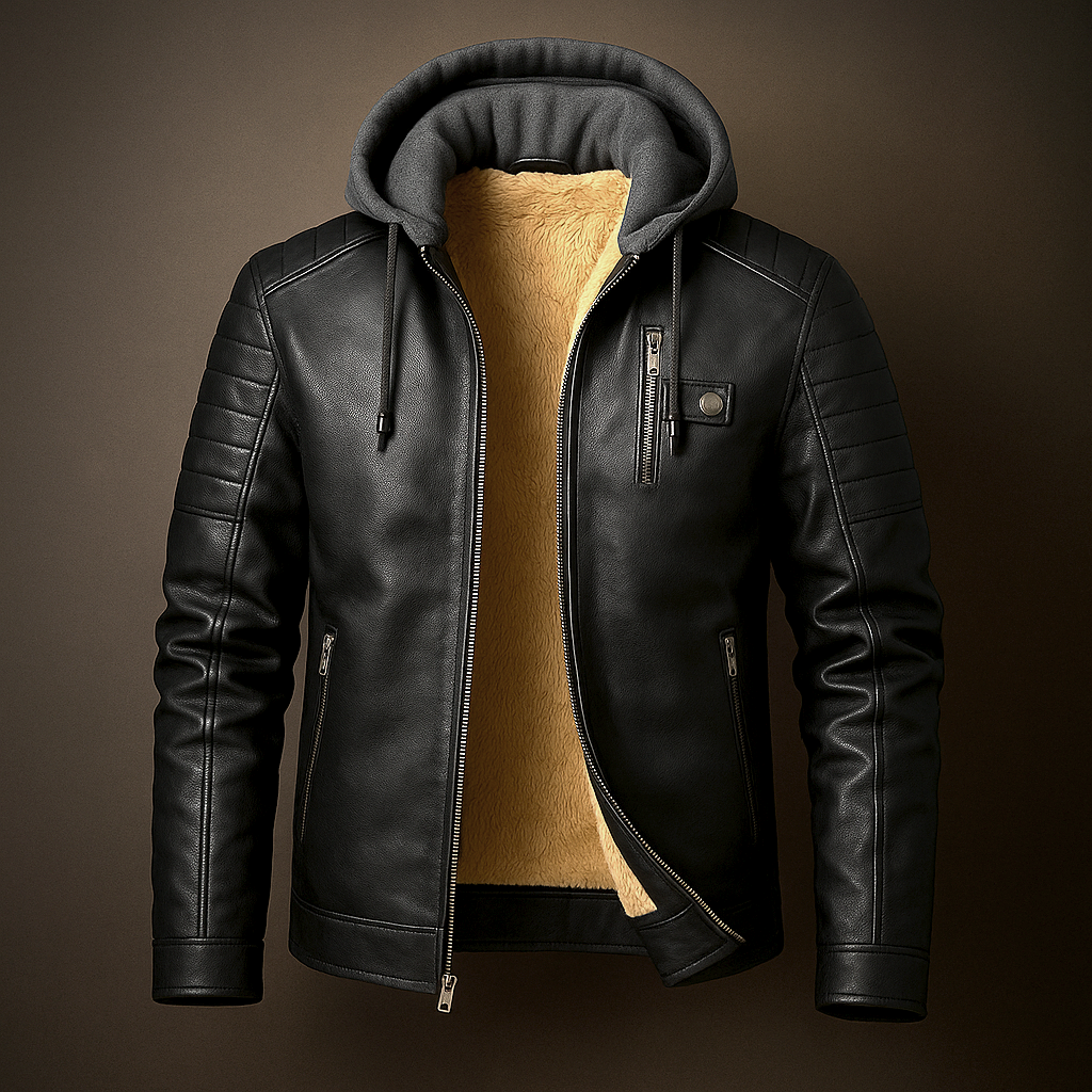 Blouson en Cuir à Capuche Homme Corentin – Veste Cuir Doublée Laine, Capuche Coton Amovible