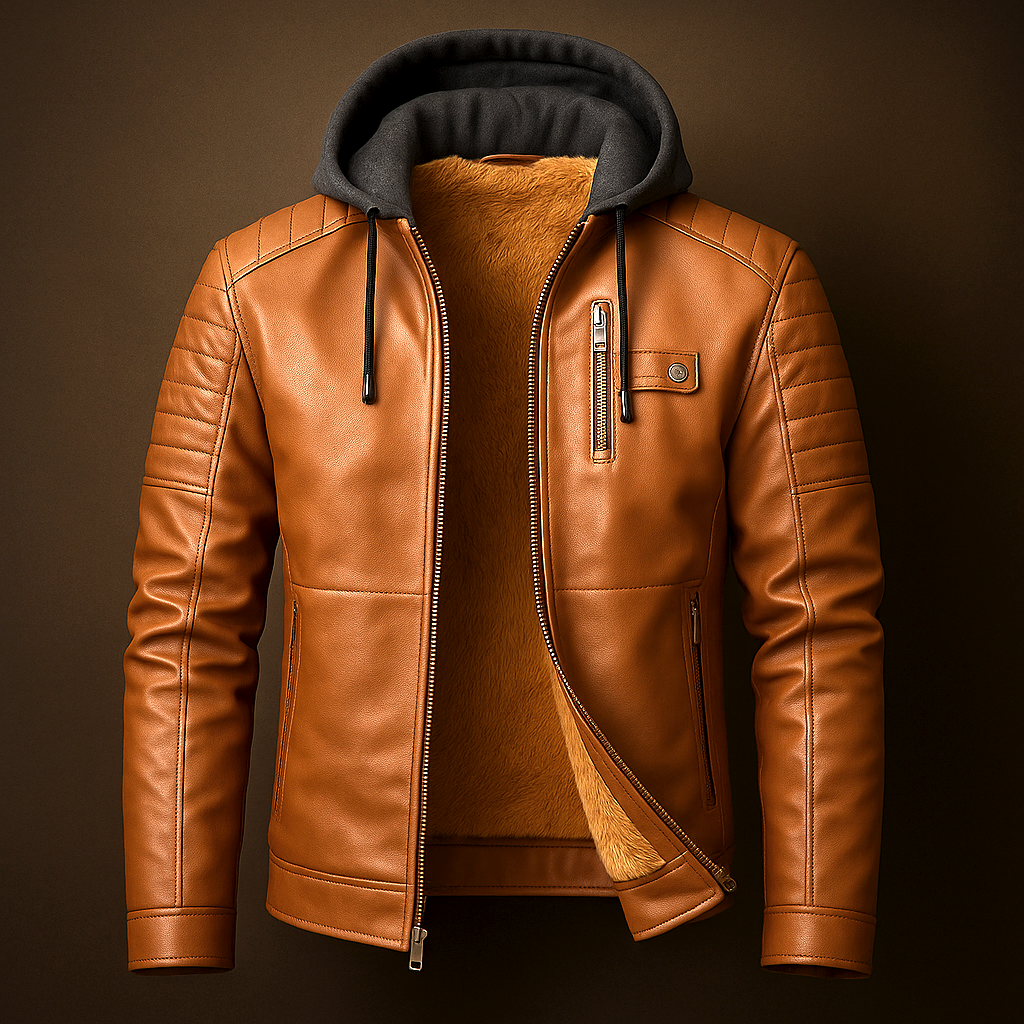 Blouson en Cuir à Capuche Homme Corentin – Veste Cuir Doublée Laine, Capuche Coton Amovible