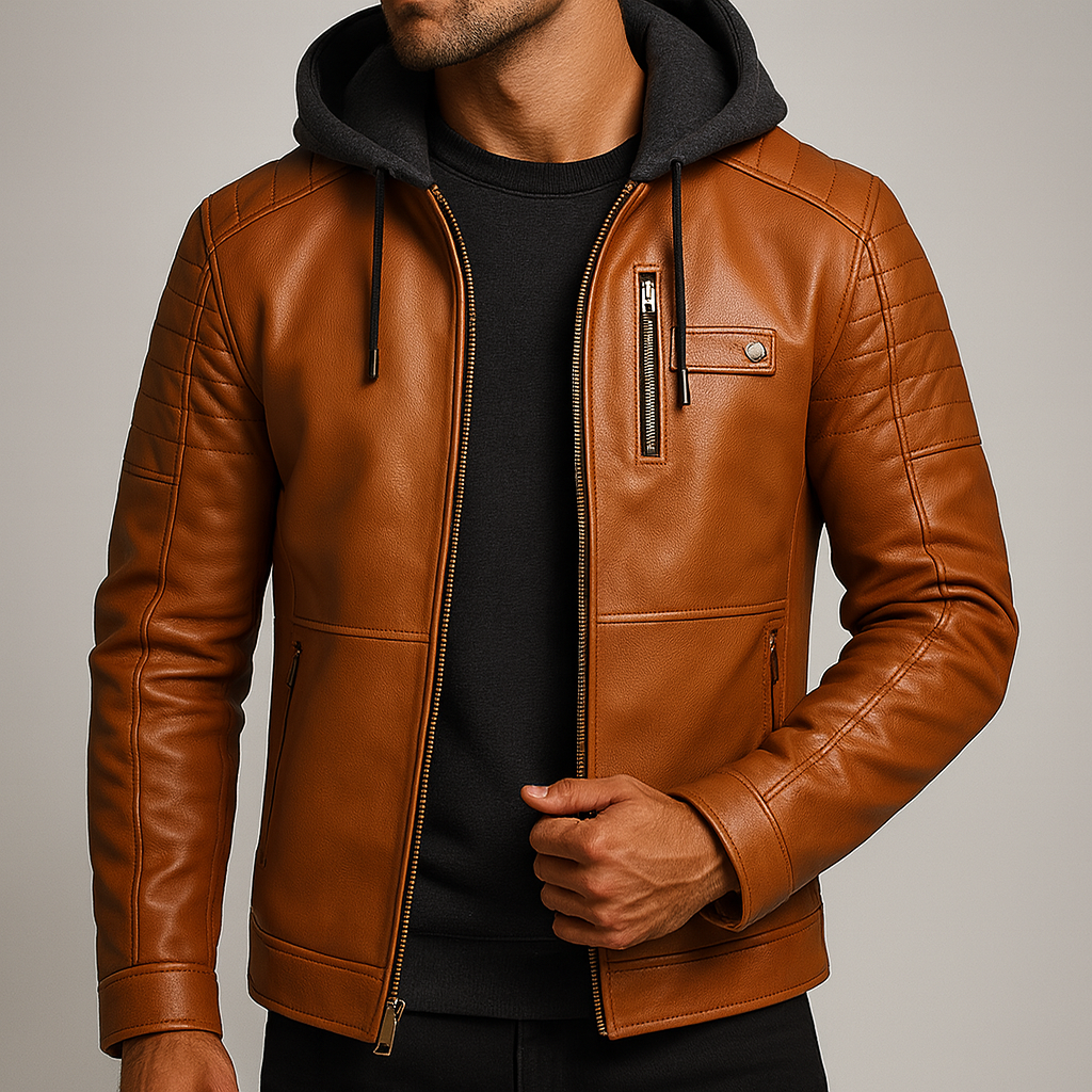 Blouson en Cuir à Capuche Homme Corentin – Veste Cuir Doublée Laine, Capuche Coton Amovible