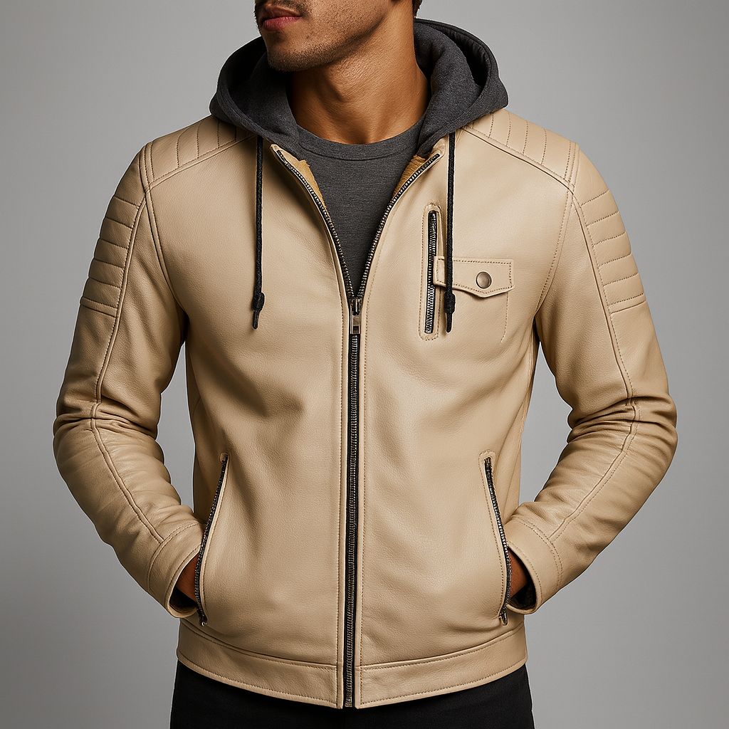 Blouson en Cuir à Capuche Homme Corentin – Veste Cuir Doublée Laine, Capuche Coton Amovible