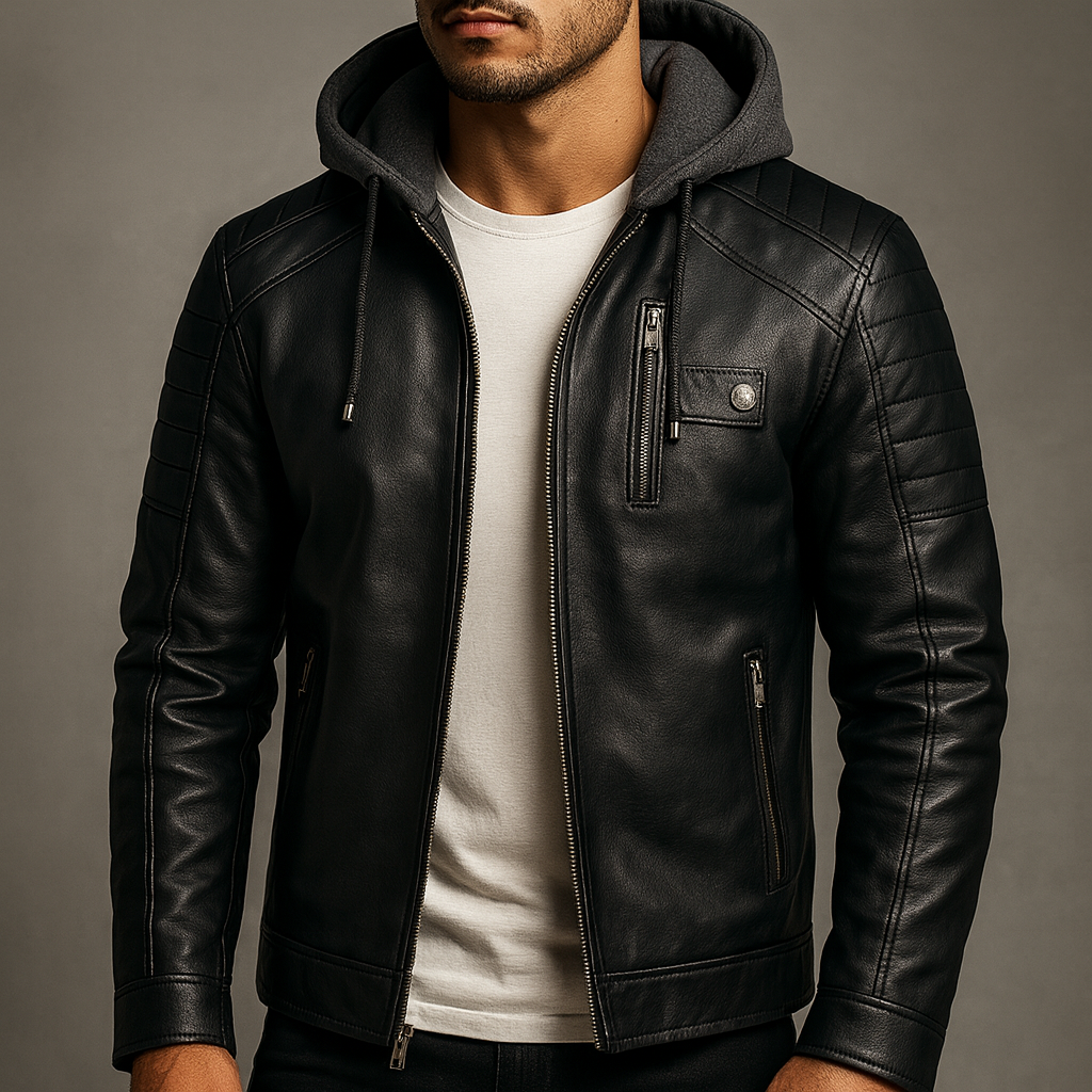 Blouson en Cuir à Capuche Homme Corentin – Veste Cuir Doublée Laine, Capuche Coton Amovible