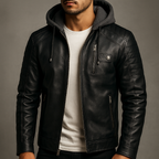 Blouson en Cuir à Capuche Homme Corentin – Veste Cuir Doublée Laine, Capuche Coton Amovible