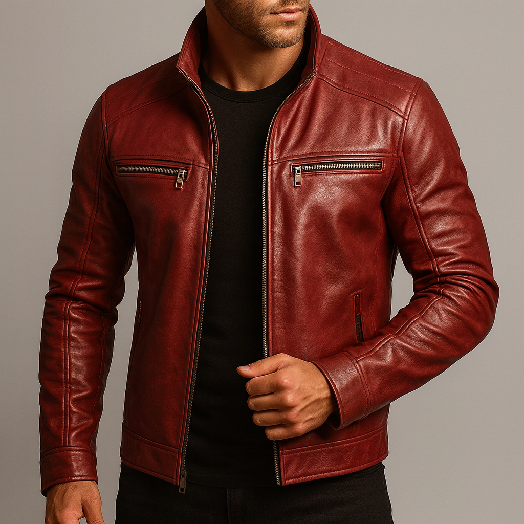 Blouson en Cuir Véritable Homme Césaire – Veste Cuir Vintage Patinée Zippée à 4 Poches
