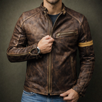 Blouson en Cuir Patiné Homme Rousseau – Veste Motard Cuir Vintage Zippée à 3 Poches
