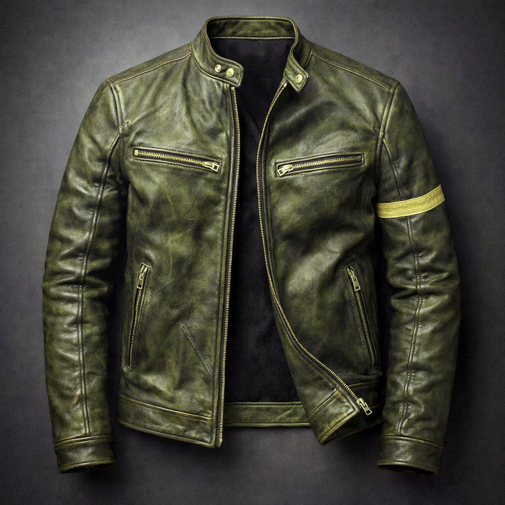 Blouson en Cuir Patiné Homme Rousseau – Veste Motard Cuir Vintage Zippée à 3 Poches