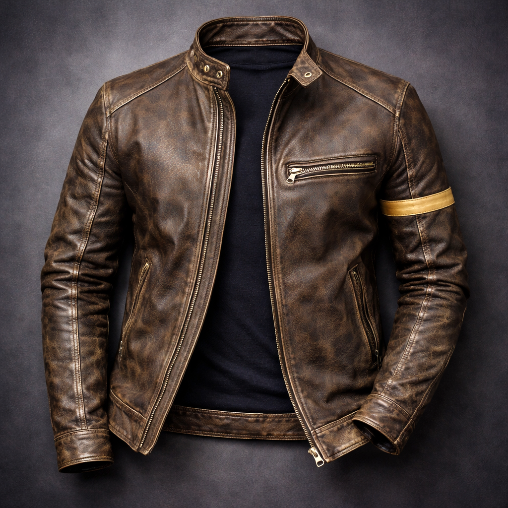 Blouson en Cuir Patiné Homme Rousseau – Veste Motard Cuir Vintage Zippée à 3 Poches