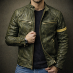 Blouson en Cuir Patiné Homme Rousseau – Veste Motard Cuir Vintage Zippée à 3 Poches