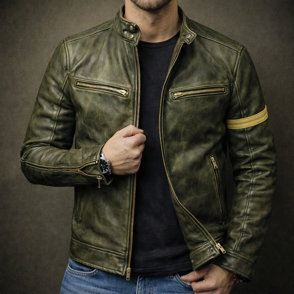 Blouson en Cuir Patiné Homme Rousseau – Veste Motard Cuir Vintage Zippée à 3 Poches