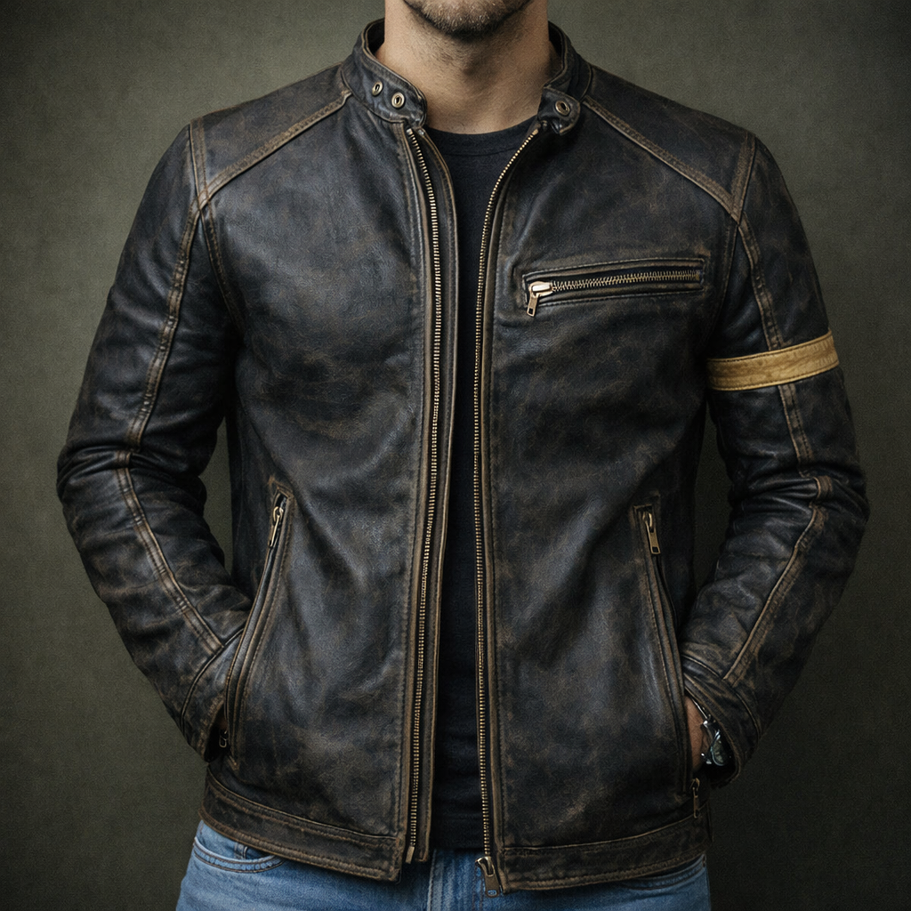 Blouson en Cuir Patiné Homme Rousseau – Veste Motard Cuir Vintage Zippée à 3 Poches