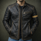 Blouson en Cuir Patiné Homme Rousseau – Veste Motard Cuir Vintage Zippée à 3 Poches