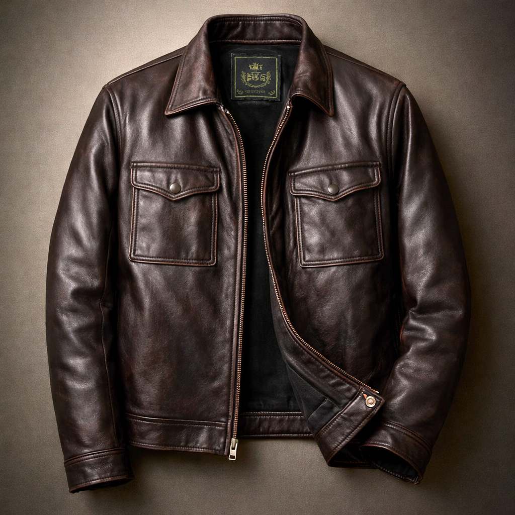 Blouson en Cuir Vintage Homme Jacques – Veste Motard Cuir Patinée Zippée à 4 Poches