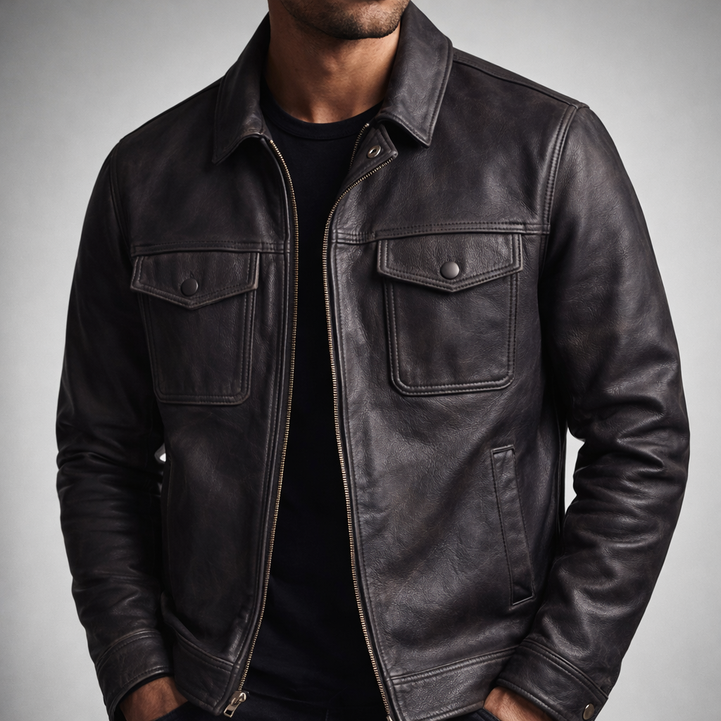 Blouson en Cuir Vintage Homme Jacques – Veste Motard Cuir Patinée Zippée à 4 Poches