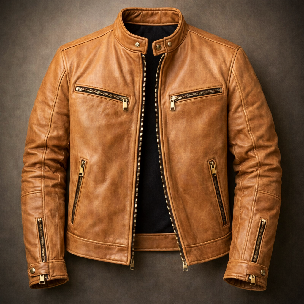 Blouson en Cuir Vintage Homme Toulouse – Veste Cuir Patinée Extensible Zippée à 4 Poches