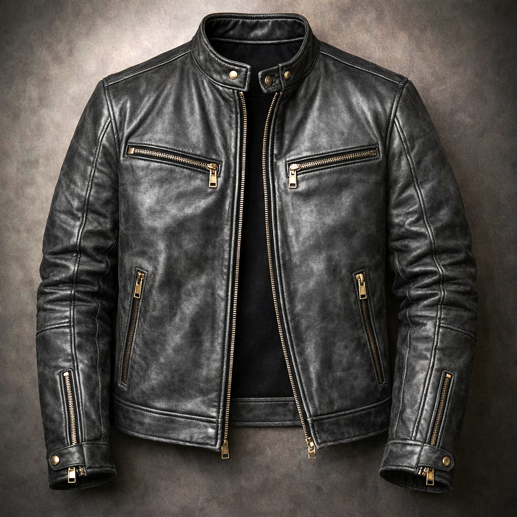 Blouson en Cuir Vintage Homme Toulouse – Veste Cuir Patinée Extensible Zippée à 4 Poches