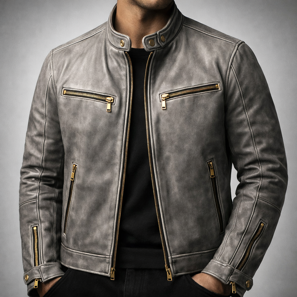 Blouson en Cuir Vintage Homme Toulouse – Veste Cuir Patinée Extensible Zippée à 4 Poches