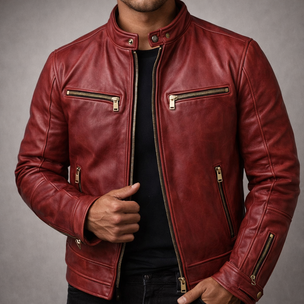 Blouson en Cuir Vintage Homme Toulouse – Veste Cuir Patinée Extensible Zippée à 4 Poches