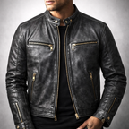 Blouson en Cuir Vintage Homme Toulouse – Veste Cuir Patinée Extensible Zippée à 4 Poches