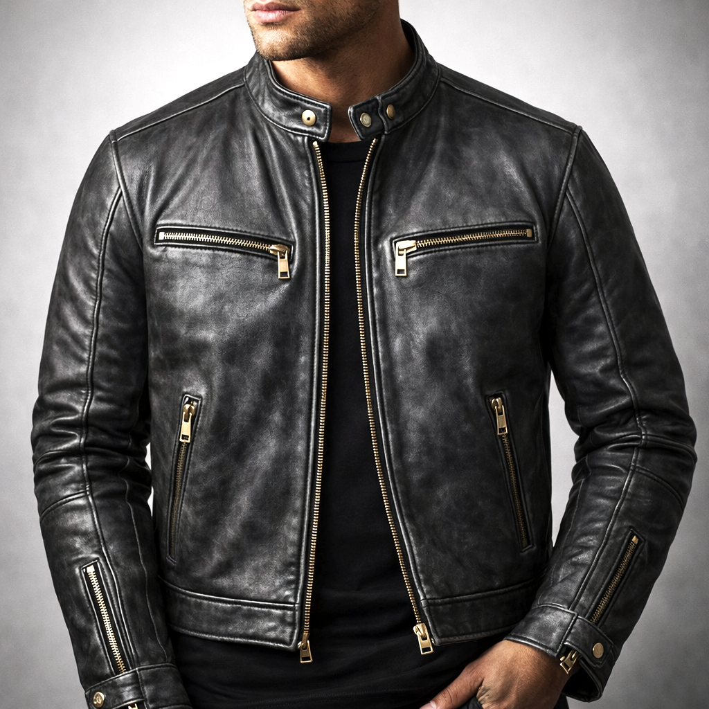 Blouson en Cuir Vintage Homme Toulouse – Veste Cuir Patinée Extensible Zippée à 4 Poches