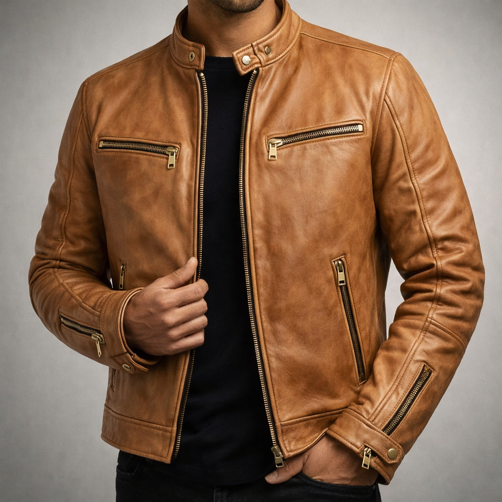Blouson en Cuir Vintage Homme Toulouse – Veste Cuir Patinée Extensible Zippée à 4 Poches