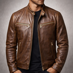 Blouson en Cuir Vintage Homme Bastien X2 – Veste Motard Zippée à 4 Poches, Doublure Coton