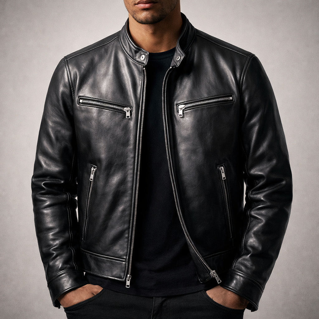 Blouson en Cuir Vintage Homme Bastien X2 – Veste Motard Zippée à 4 Poches, Doublure Coton