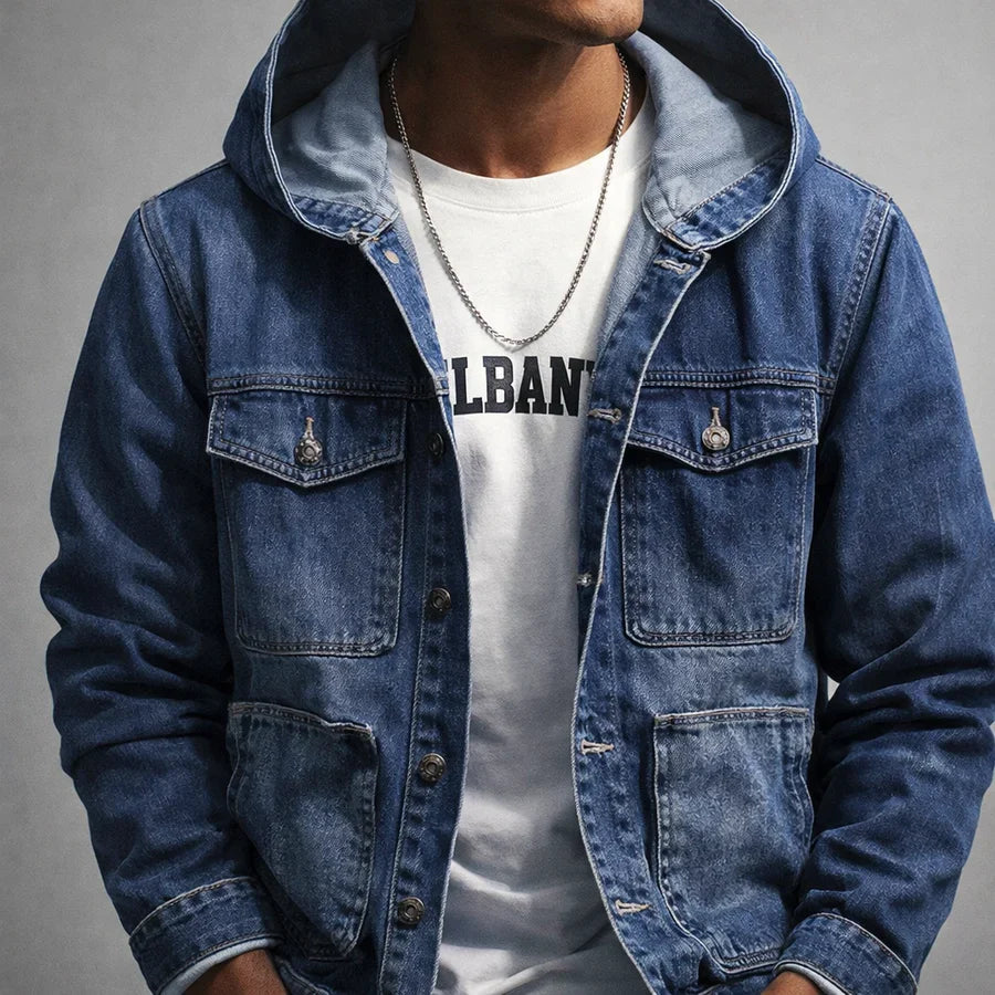 Veste en Jean à Capuche Homme Rambouillet – Hoodie Denim Délavé Boutonné à Capuche Oversize