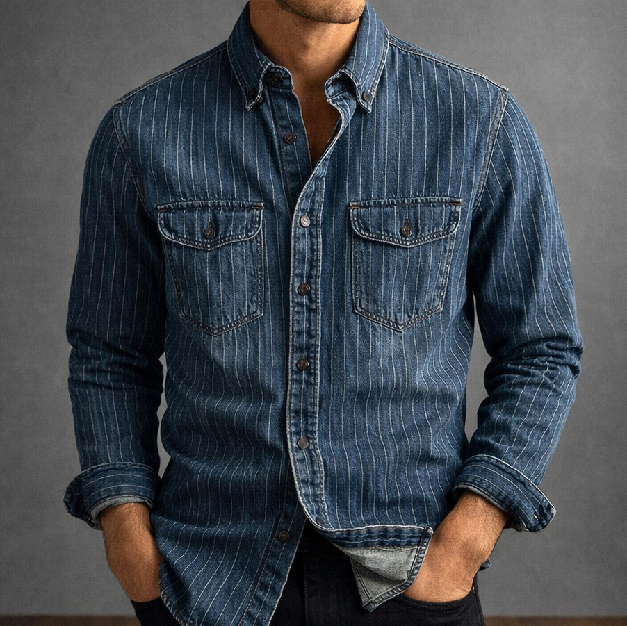 Chemise Rayée en Denim Homme Hector – Chemise Vintage à Fines Rayures Manches Longues