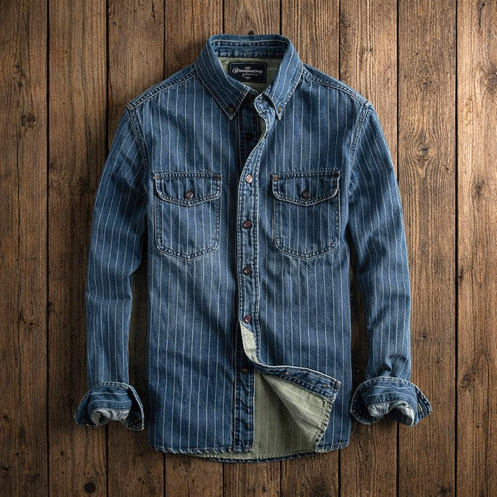 Chemise Rayée en Denim Homme Hector – Chemise Vintage à Fines Rayures Manches Longues