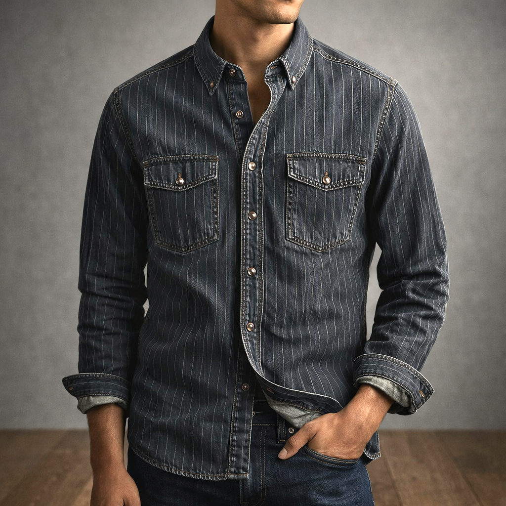 Chemise Rayée en Denim Homme Hector – Chemise Vintage à Fines Rayures Manches Longues
