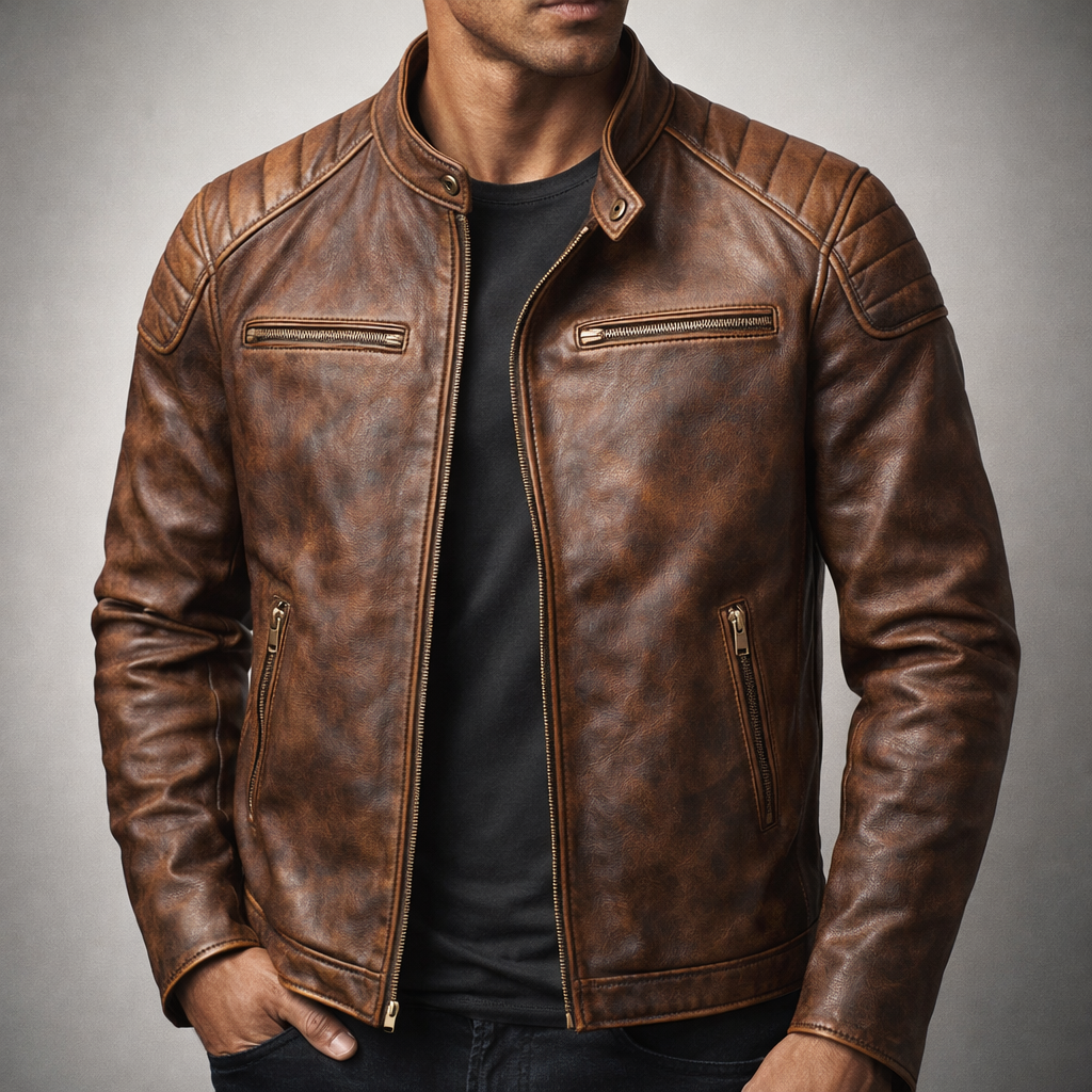Blouson Motard en Cuir Vintage Homme Bastien – Veste Cuir Patinée Zippée, Doublure Coton Respirante