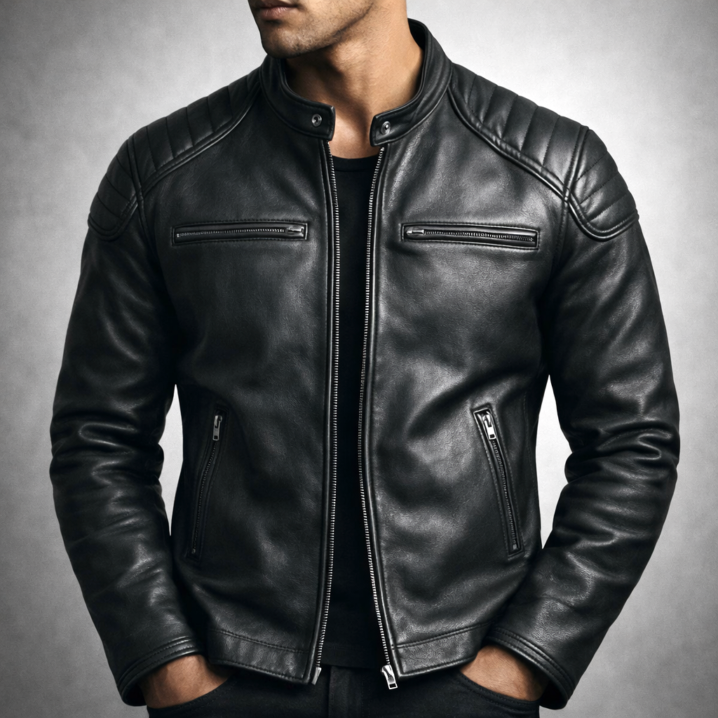 Blouson Motard en Cuir Vintage Homme Bastien – Veste Cuir Patinée Zippée, Doublure Coton Respirante