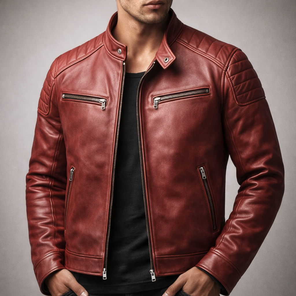 Blouson Motard en Cuir Vintage Homme Bastien – Veste Cuir Patinée Zippée, Doublure Coton Respirante