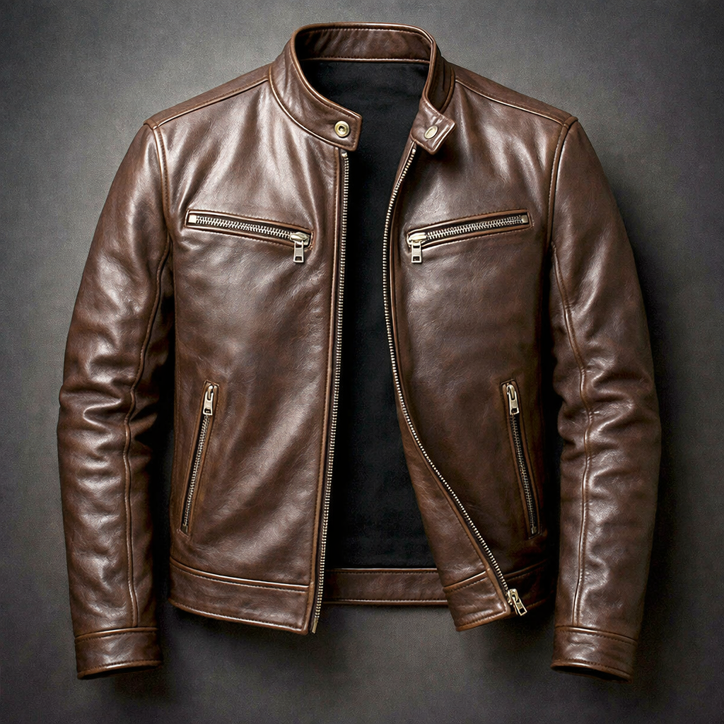 Blouson en Cuir Vintage Homme Bastien X2 – Veste Motard Zippée à 4 Poches, Doublure Coton