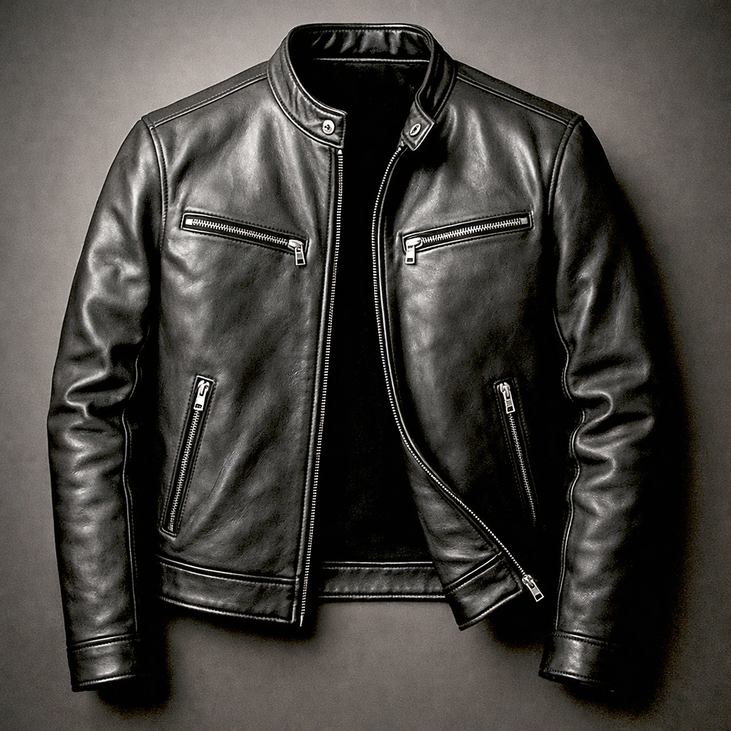 Blouson en Cuir Vintage Homme Bastien X2 – Veste Motard Zippée à 4 Poches, Doublure Coton