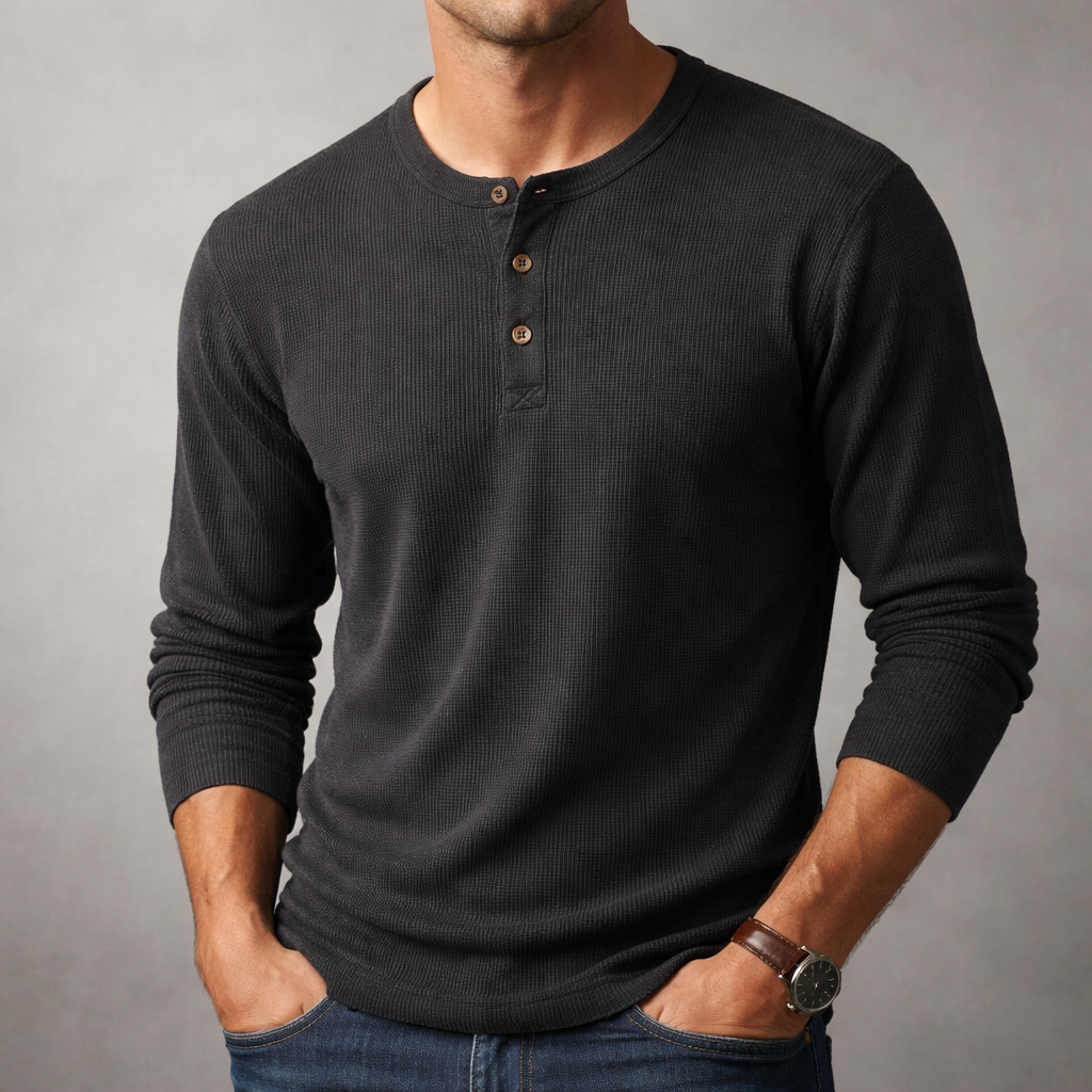 T-Shirt Col Tunisien Manches Longues Homme Hugo – Haut Gaufré en Coton Doux à Boutons