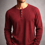 T-Shirt Col Tunisien Manches Longues Homme Hugo – Haut Gaufré en Coton Doux à Boutons